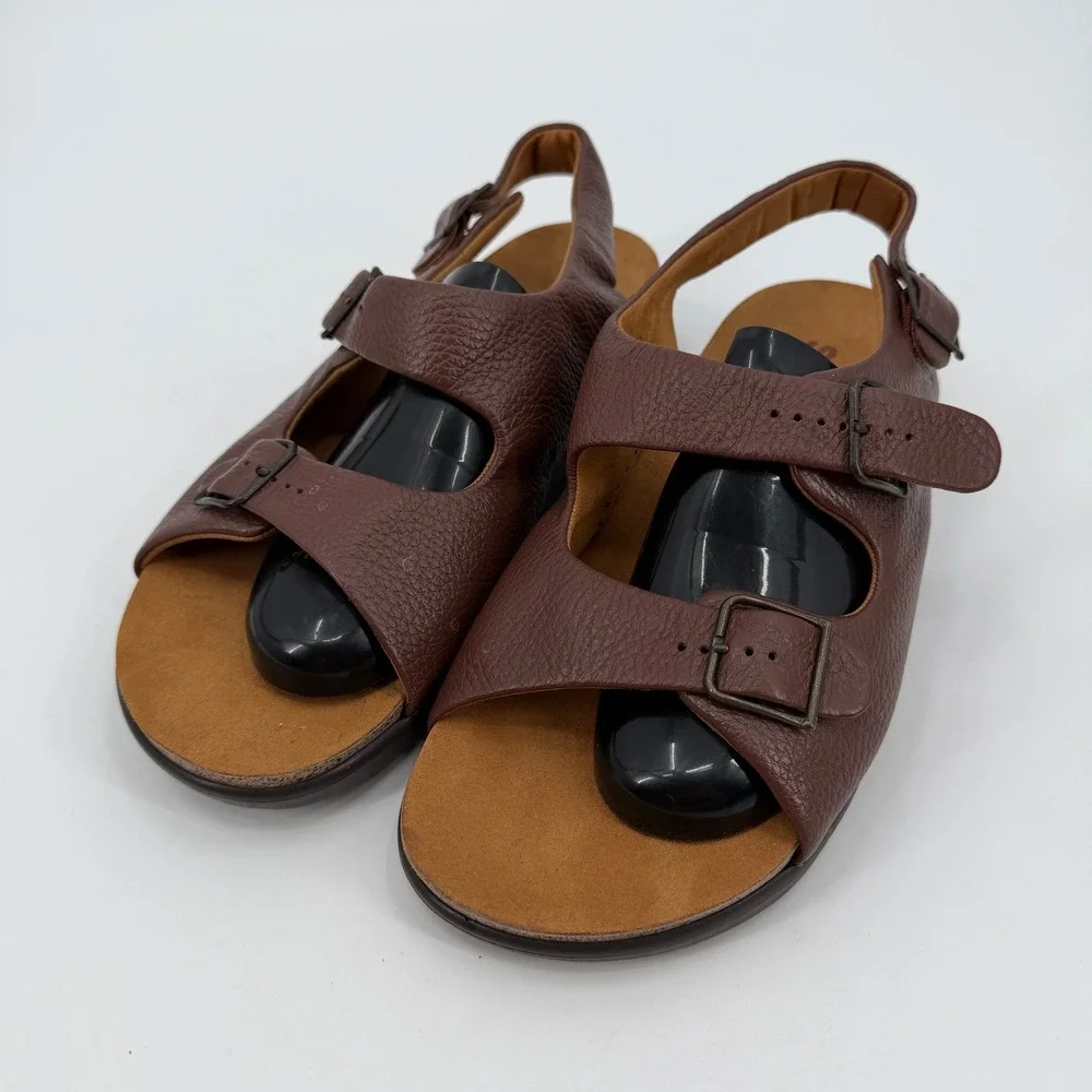 SAS Bravo Mens Brown Leather Slingback Sandals Triple Buckle 12 WW Extra Wide